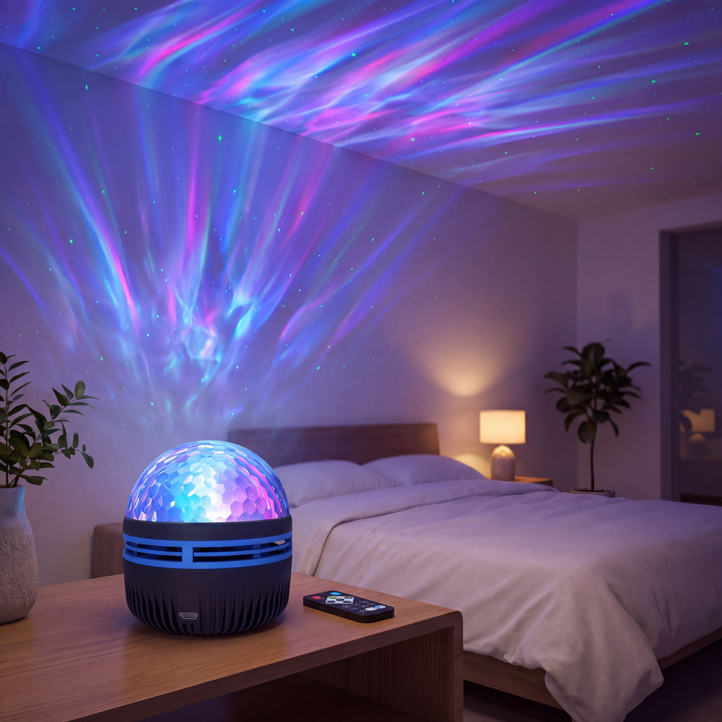 Galaxy Orb Projector lighting up a bedroom